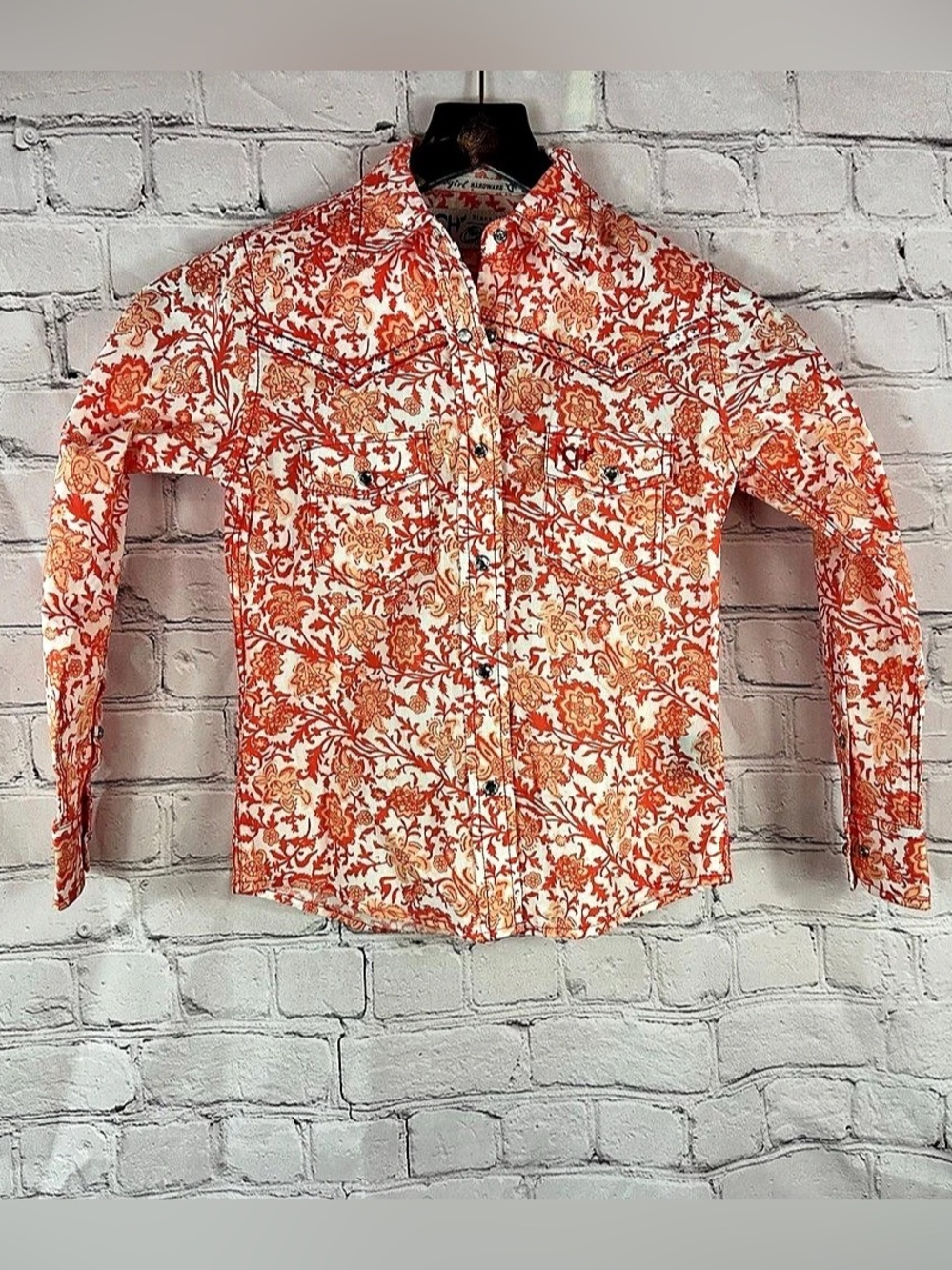 Cowgirl Hardware Floral Snap-Front Cotton Shirt in Orange & White Size Small